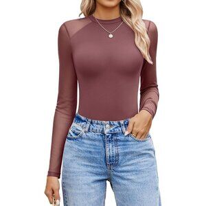 Women's Long Sleeve Bodysuit Purple Red Crew Neck One Piece Shirt Leotards Tops